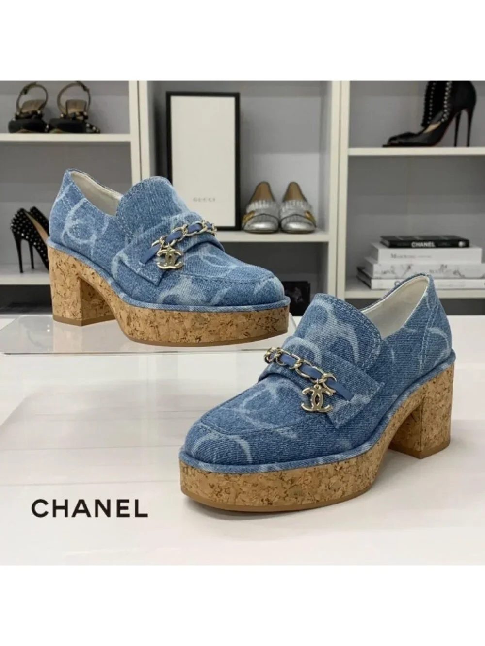 Chanel CC Logo Chain Denim Thick Bottom Cork Loafers Blue